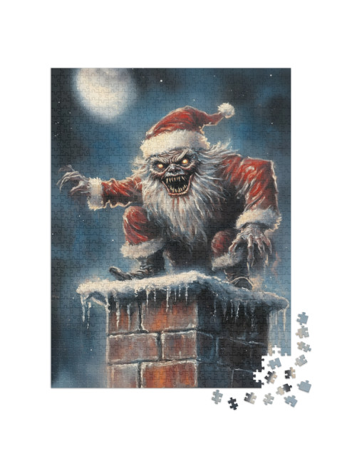 Puzzle 1000 Teile „Weihnachtsmann Monster am Kamin“