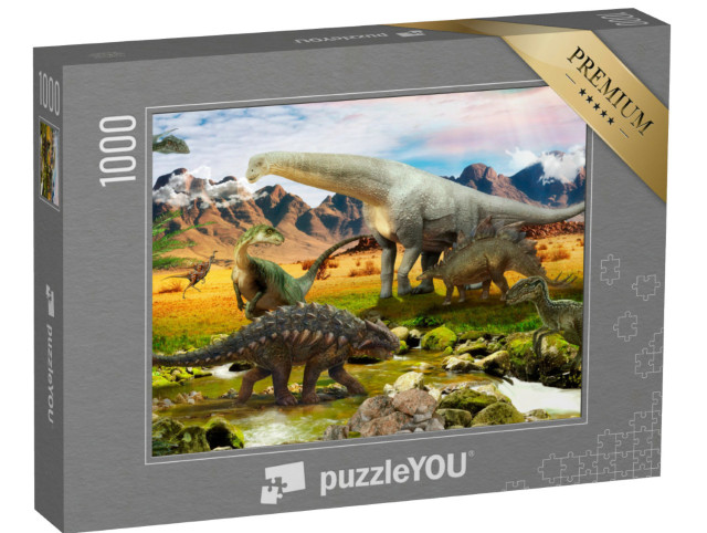 Puzzle 1000 Teile „Illustration: Dinosaurier, Park am See“