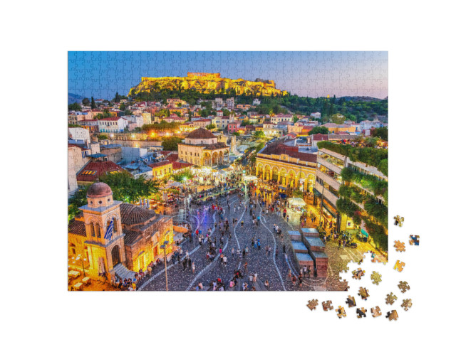 Puzzle 1000 Teile „Monastiraki-Platz und antike Akropolis am Abend, Athen, Griechenland“