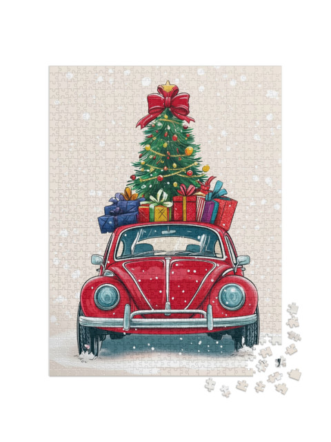 Puzzle 1000 Teile „Rotes Auto, vollbeladen mit Geschenken“