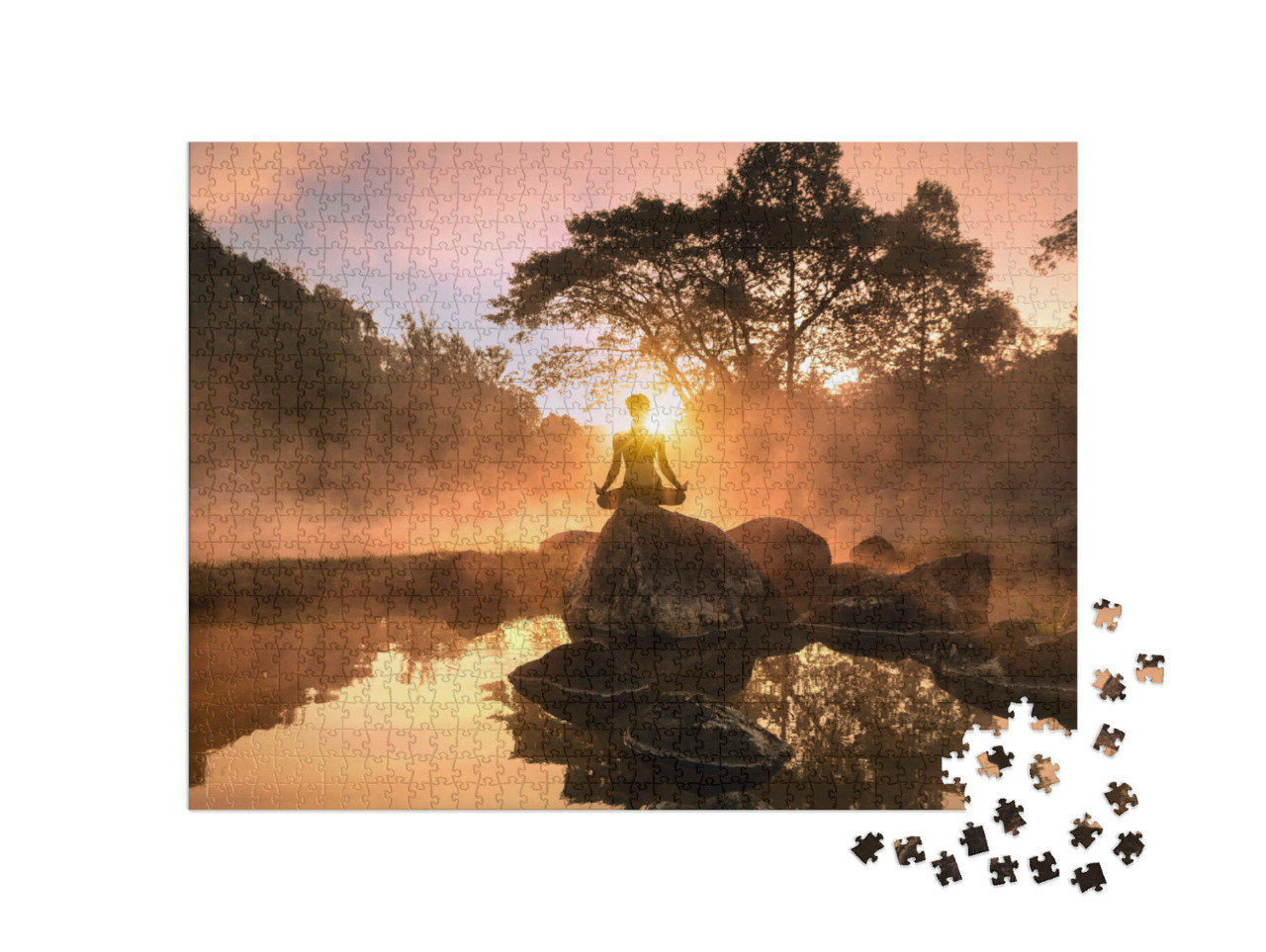 Puzzle 1000 Teile „Junge Frau meditiert am See“