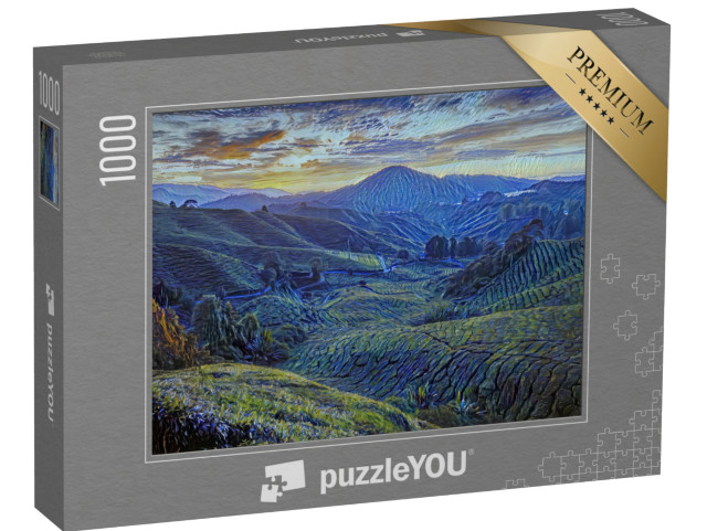 Puzzle 1000 Teile „im Kunst-Stil von van Gogh, Sternennacht - Sungai Palas Teeplantage in Cameron Highlands, Pahang, Malaysia“