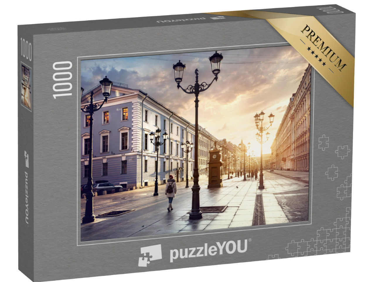 Puzzle 1000 Teile „Frau auf einer Straße mit Laternen, Sank. Petersburg, Russland“