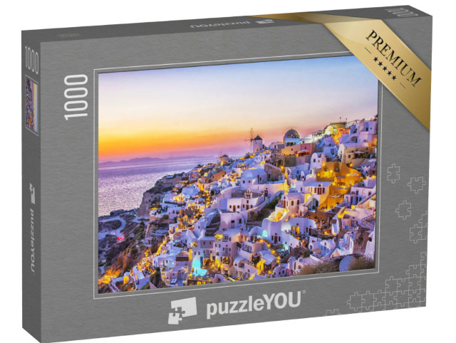 Puzzle 1000 Teile „Dorf Oia mit traditionellen weißen Häusern und Windmühlen, Santorini, Griechenland“