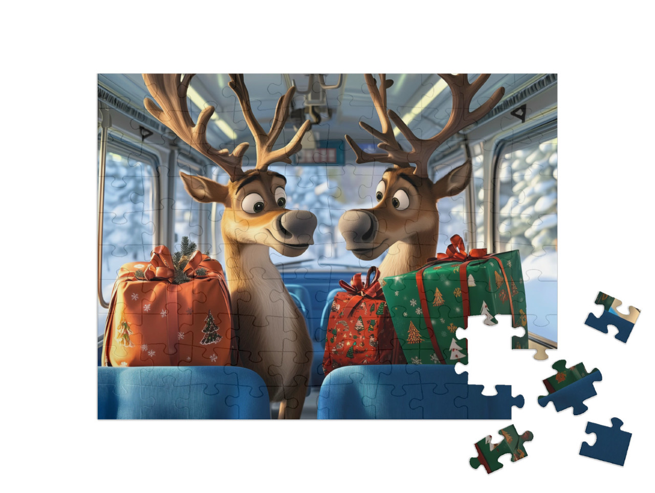 Puzzle 100 Teile „Die Rentiere fahren Geschenke aus“