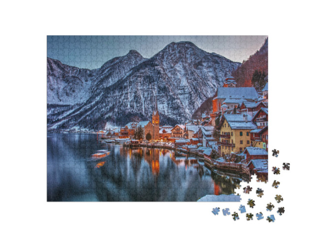 Puzzle 1000 Teile „Winterliche Szene: Hallstadt als Märchenstadt, Österreich“