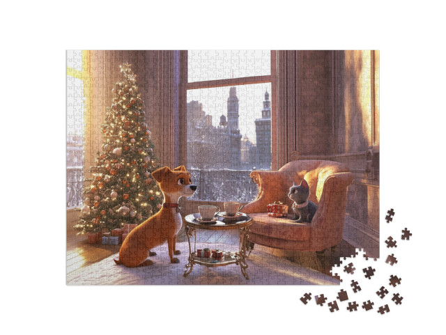 Puzzle 1000 Teile „New York: Hund und Katze genießen Weihnachtsmorgen“