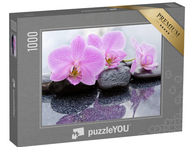 Puzzle 1000 Teile „Zartrosa Orchideenblüten auf nassen Kieselsteinen“