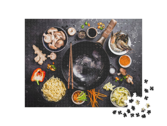 Puzzle 1000 Teile „Asiatisch kochen mit Wok, Gemüse und China-Nudeln“