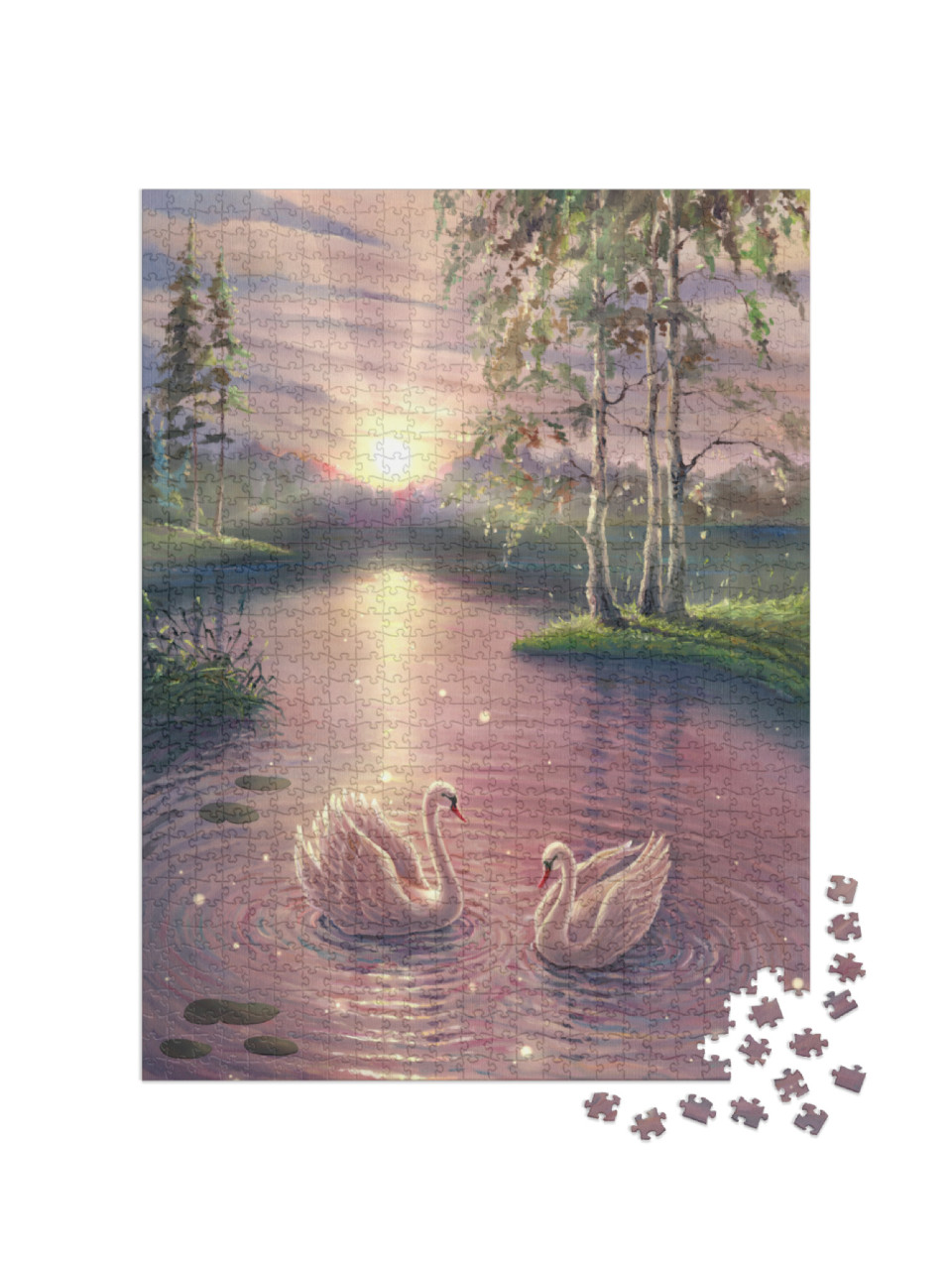 Puzzle 1000 Teile „Ölgemälde: Schwäne auf dem magischen Teich im Wald“