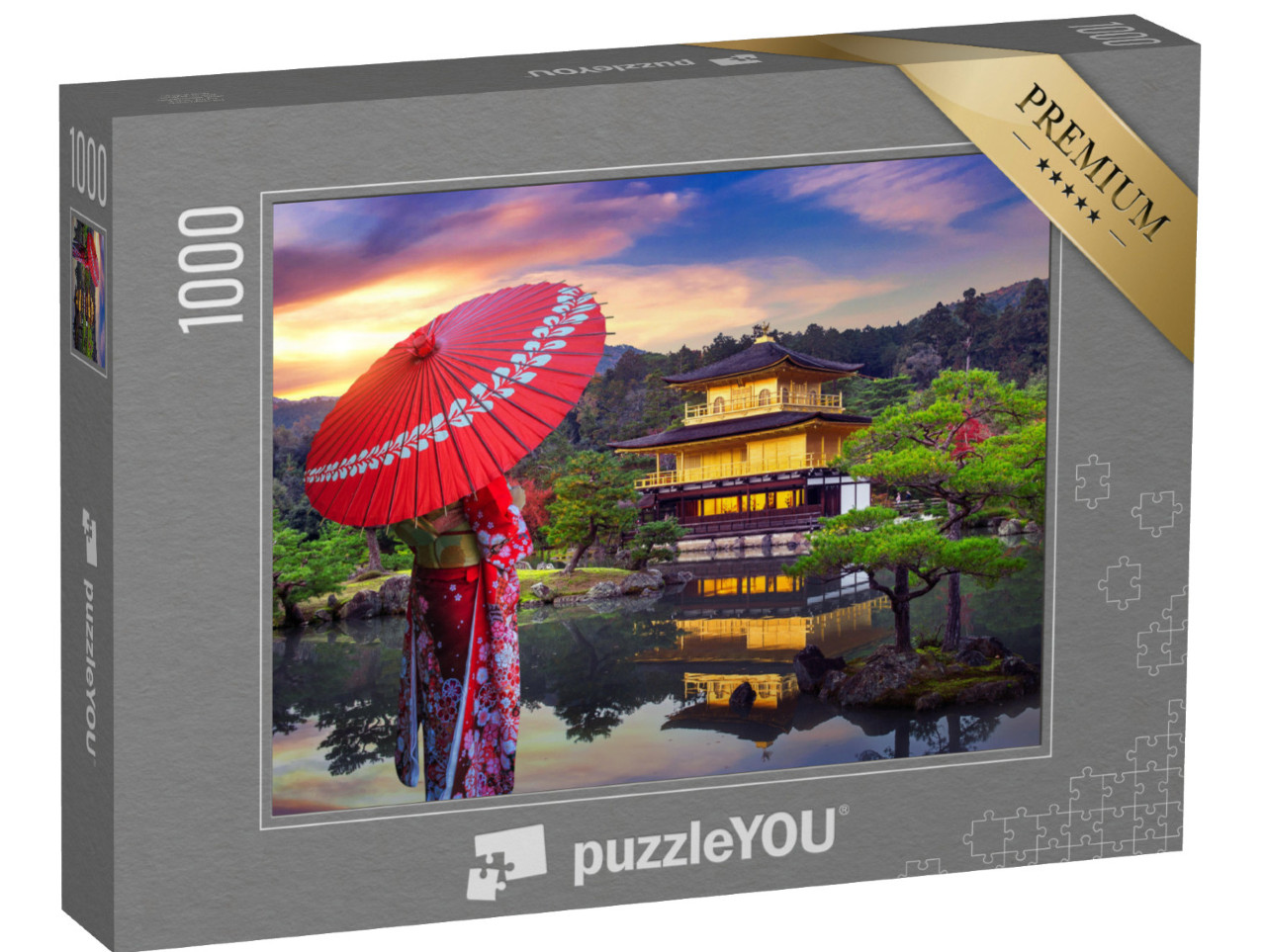 Puzzle 1000 Teile „Asiatische Frau im traditionellen Kimono vor dem Goldenen Pavillion, Kyoto, Japan“