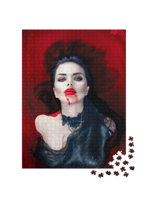 Puzzle 1000 Teile „Vampirfrau mit schwarzen Haaren und schwarzem Halsband auf blutrotem Hintergrund“