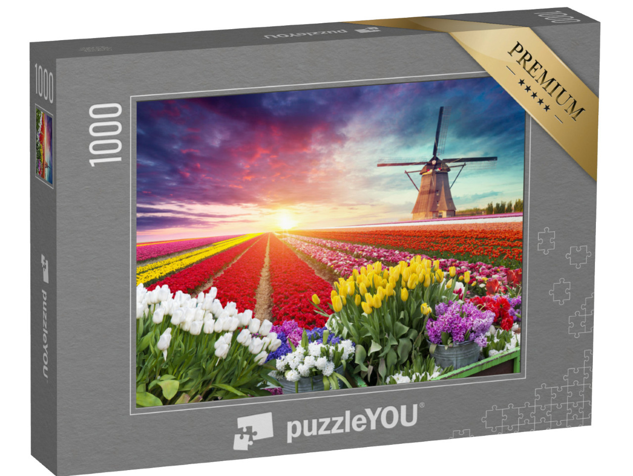 Puzzle 1000 Teile „Landschaft mit Tulpen und Windmühle, Niederlande“