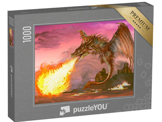 Puzzle 1000 Teile „Drache bläst Feuer aus, Illustration“