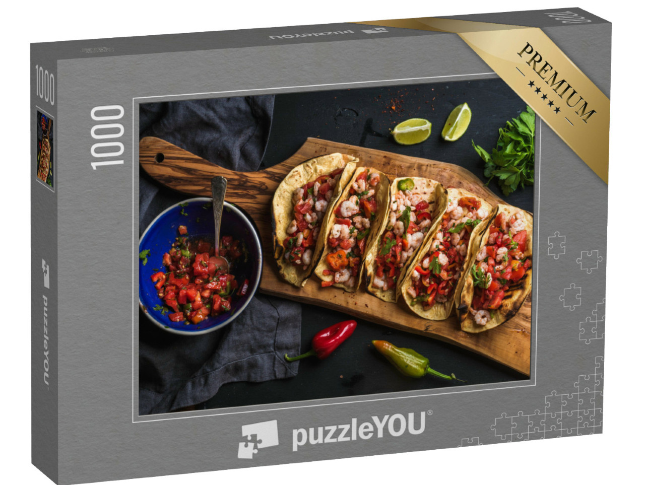 Puzzle 1000 Teile „Mexikanische Küche: Shrimp-Tacos mit hausgemachter Salsa“