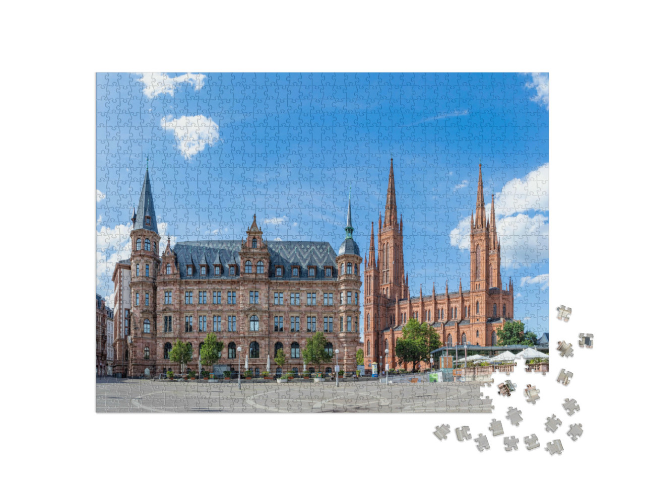 Puzzle 1000 Teile „Neues Rathaus und Marktkirche in Wiesbaden, Deutschland“