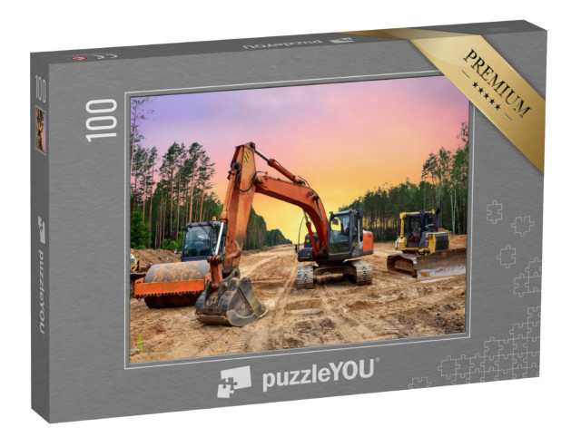 Puzzle 100 Teile „Bulldozer, Bagger und Bodenverdichter bei Straßenbauarbeiten“