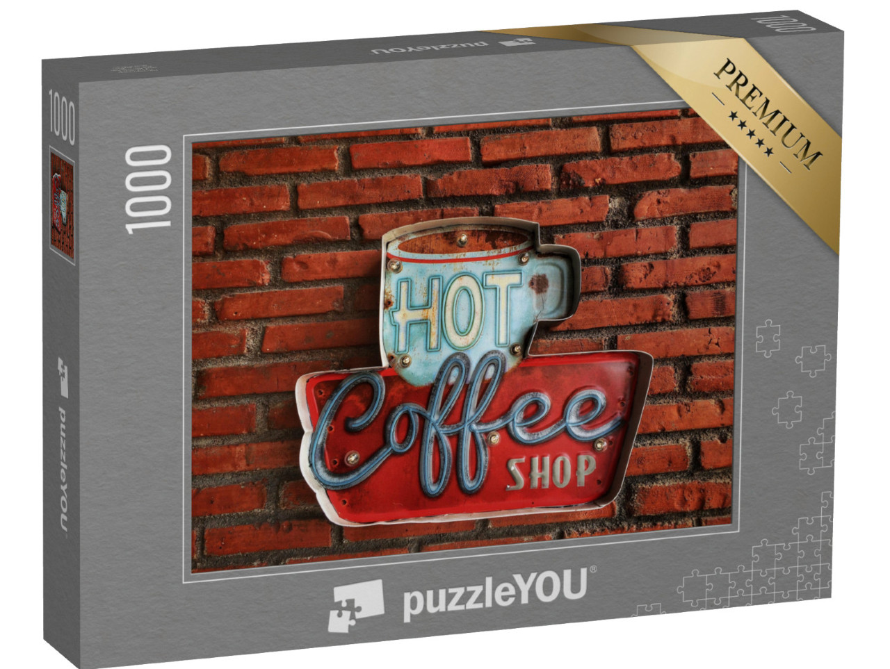 Puzzle 1000 Teile „Coffeeshop, Kaffee, Reklame vor einer Backsteinmauer“