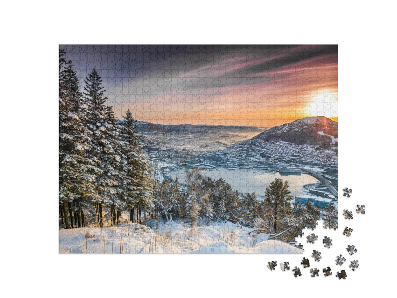 Puzzle 1000 Teile „Sonnenuntergang auf dem Berggipfel in Bergen, Norwegen“