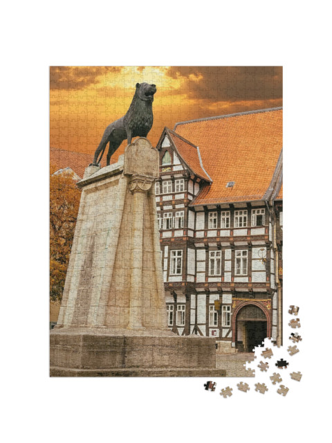 Puzzle 1000 Teile „Löwenstatue und altes Fachwerkhaus in Braunschweig, Deutschland“