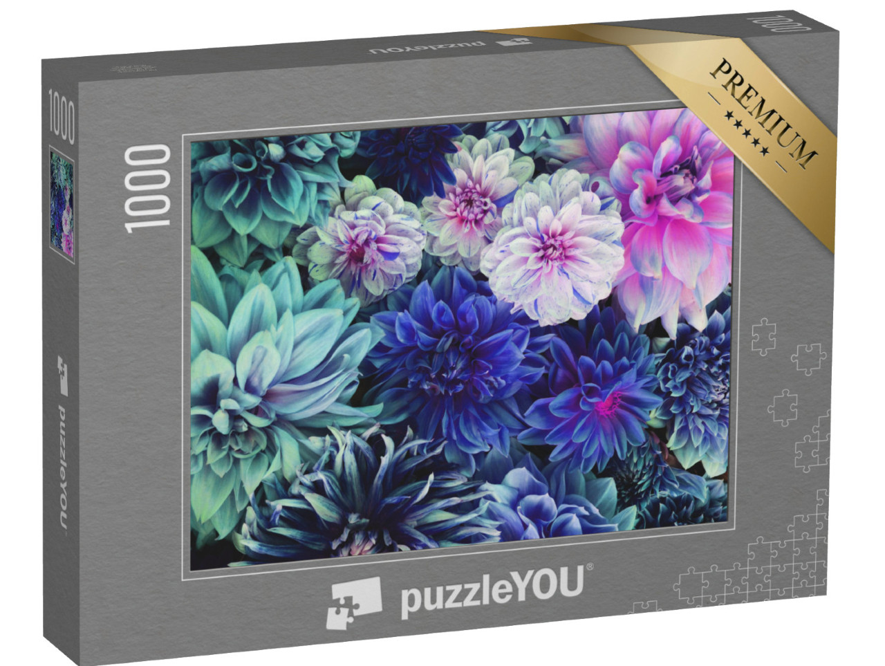 Puzzle 1000 Teile „Weiße und lila Dahlienblüten in voller Blüte“