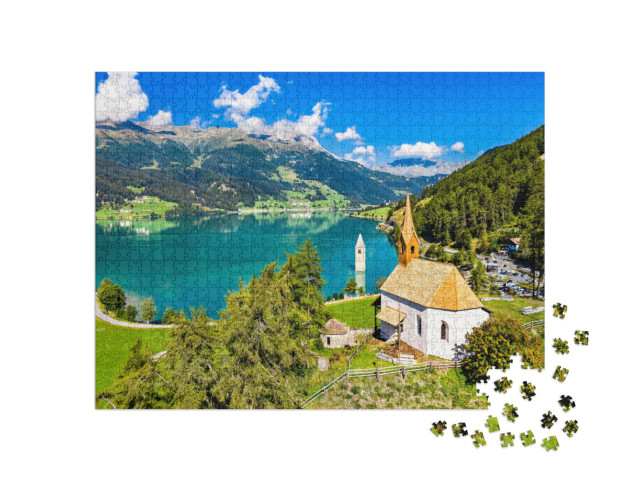 Puzzle 1000 Teile „St. Anna-Kapelle und versunkener Glockenturm von Curon, Vinschgau, Südtirol“