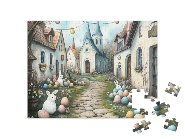 Puzzle 100 Teile „Osterfreude im ganzen Dorf“
