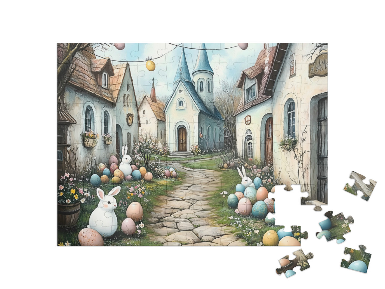 Puzzle 100 Teile „Osterfreude im ganzen Dorf“