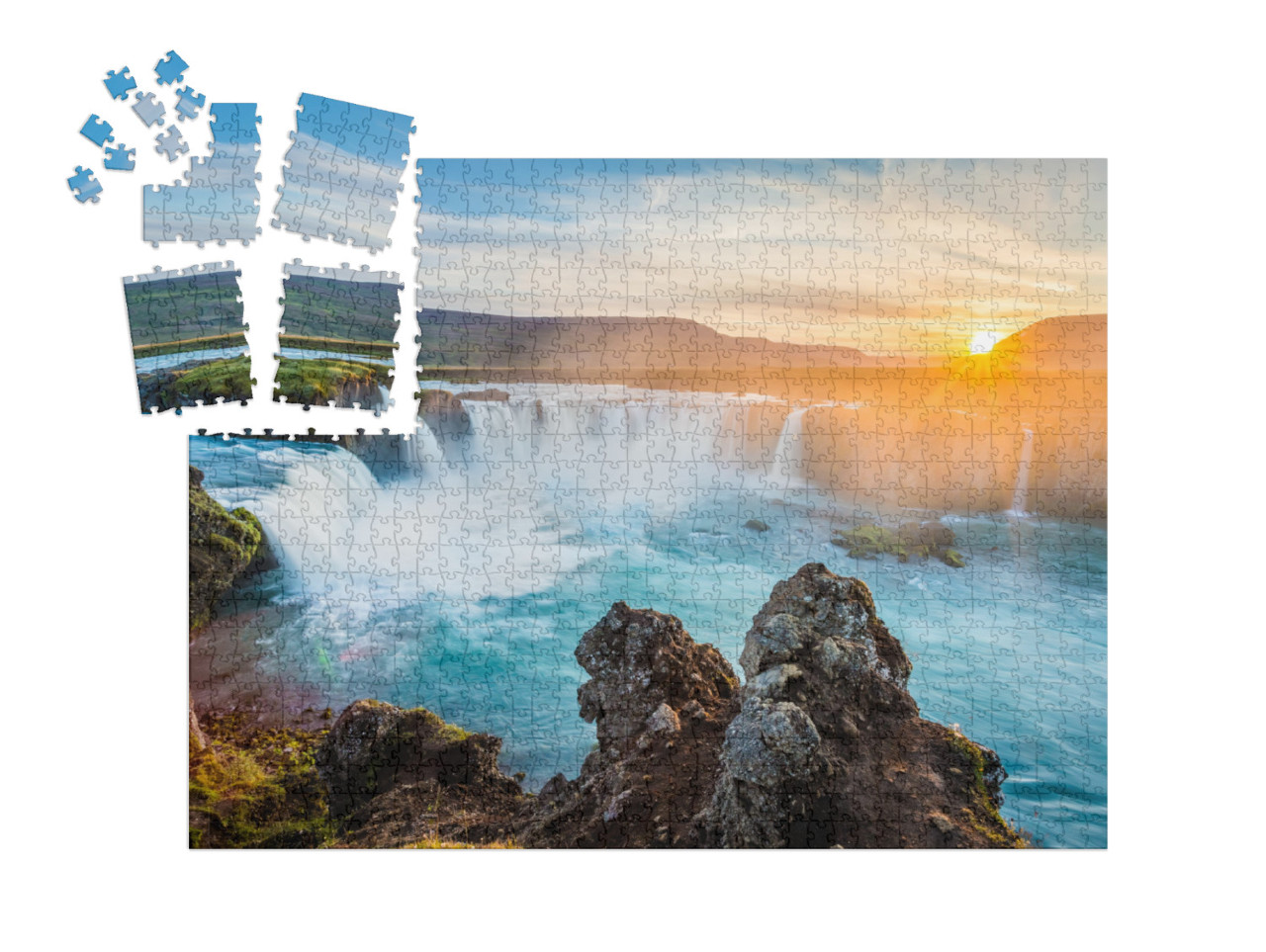 Puzzle „Godafoss-Wasserfall im Sonnenuntergang, Island“ | SMART SORTED® 1000 Teile