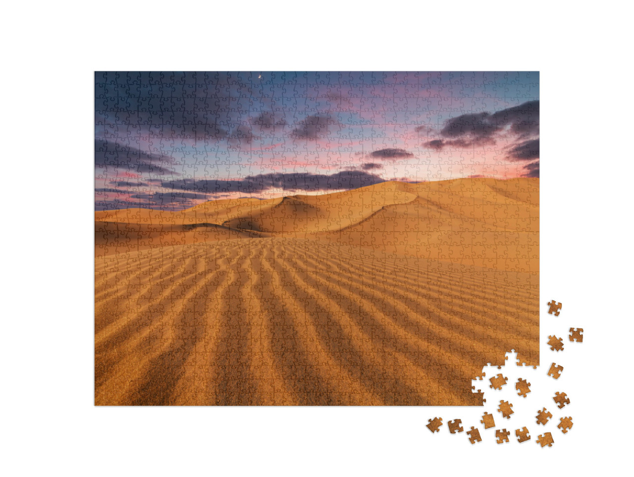 Puzzle 1000 Teile „Sonnenuntergang über den Sanddünen in der Wüste, dunkle Wolken“