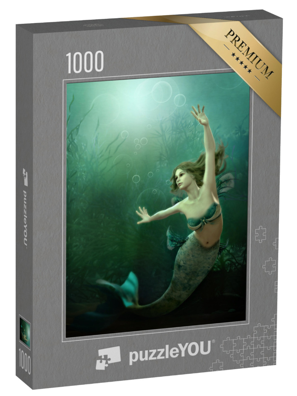 Puzzle 1000 Teile „Digitale Kunst: Tanzende Meerjungfrau im grünschimmernden Meer“