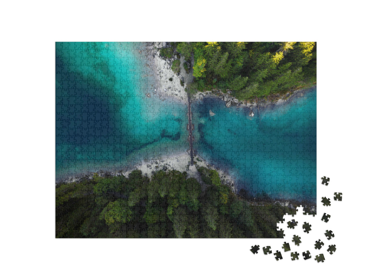 Puzzle 1000 Teile „Luftaufnahme der Brücke über den Eibsee in Bayern, Deutschland“