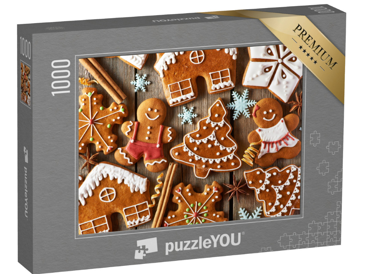 Puzzle 1000 Teile „Hausgemachte, weihnachtliche Lebkuchenmännchen auf Holztisch“