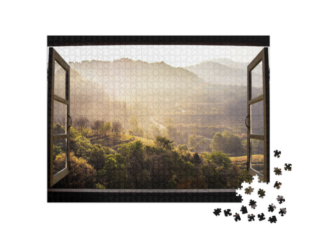 Puzzle 1000 Teile „Blick aus dem Fenster: Sonnenüberflutete Landschaft in Thailand“