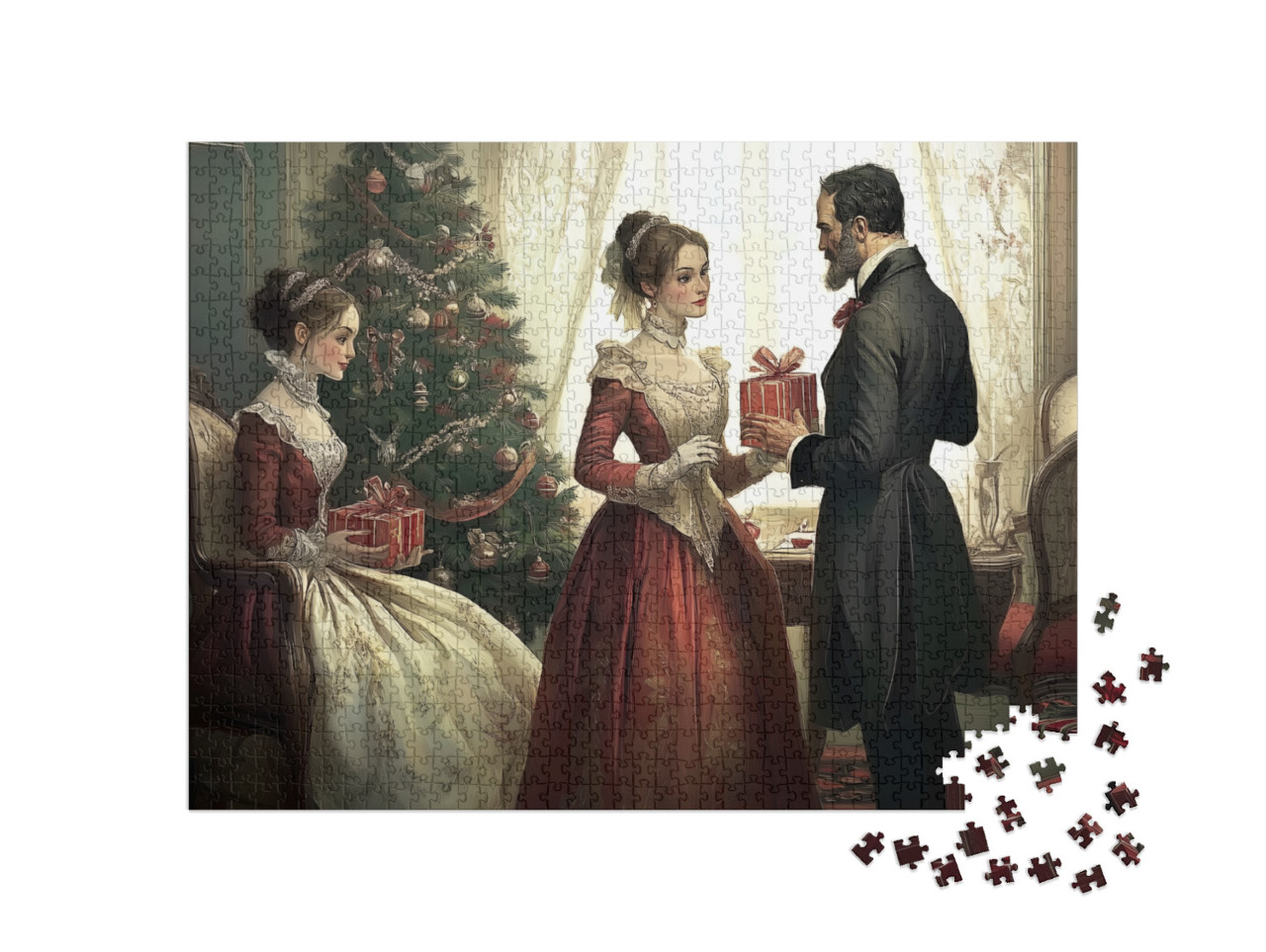 Puzzle 1000 Teile „Weihnachtsbescherung: Viktorianische Familie“