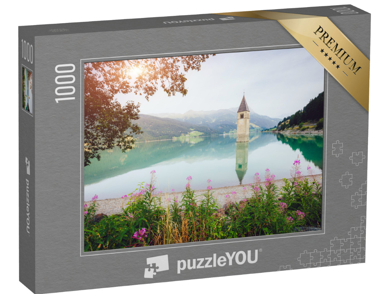 Puzzle 1000 Teile „Der alte Glockenturm der Kirche von Curon Venosta“