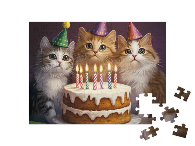 Puzzle 100 Teile „Katzen, Kuchen, Kerzen und Geschenke“