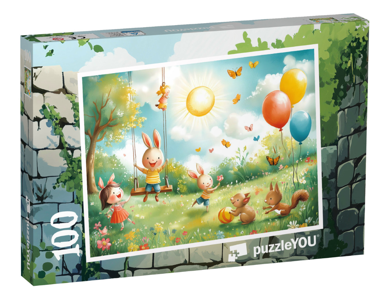 Puzzle 100 Teile „Osterparty auf der Frühlingswiese“