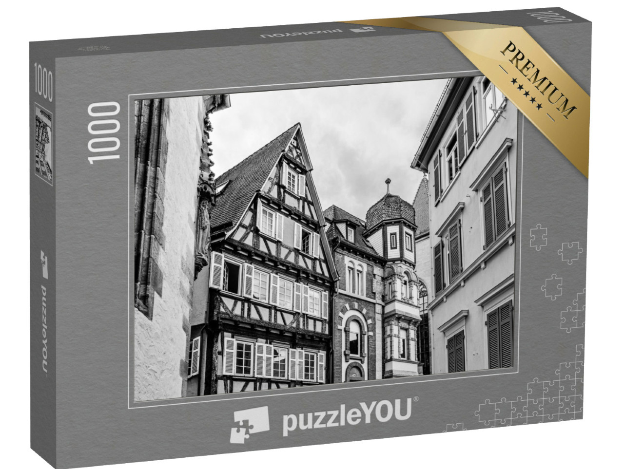 Puzzle 1000 Teile „Fachwerkhäuser in der Altstadt von Tübingen, Deutschland, schwarz-weiß“