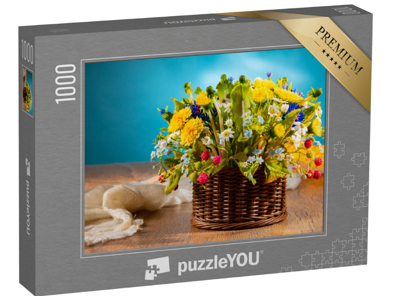 Puzzle 1000 Teile „Korb mit Wildblumen auf blauem Hintergrund“