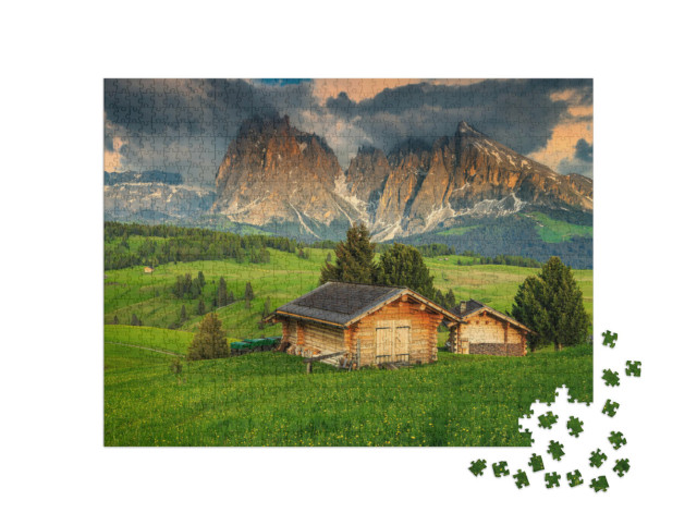 Puzzle 1000 Teile „Frühling auf der Seiser Alm mit Langkofelgruppe, Dolomiten, Italien“