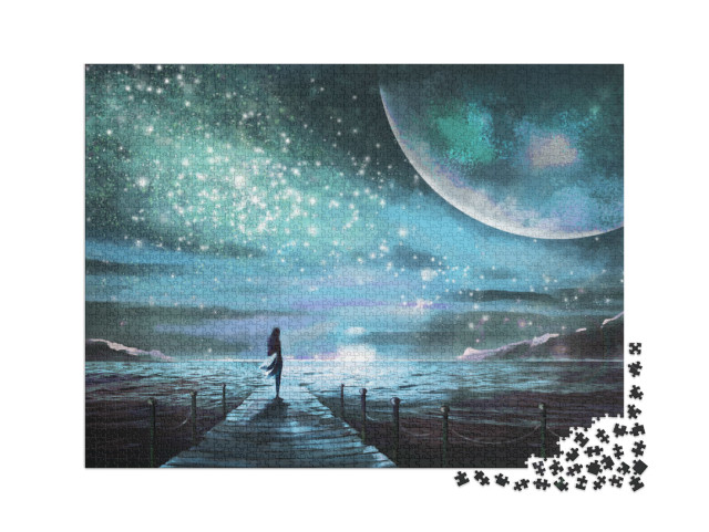 Puzzle 2000 Teile „Fantasy-Illustration: Junge Frau im Anblick der Galaxie“