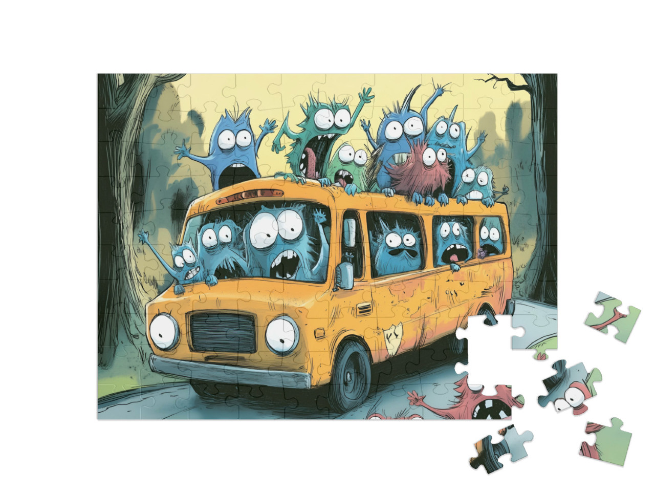Puzzle 100 Teile „Der verrückte gelbe Monsterbus“