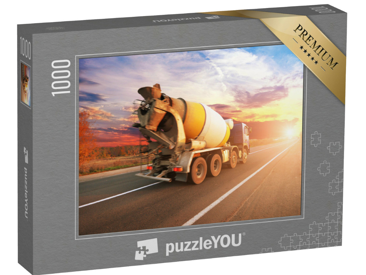 Puzzle 1000 Teile „Betonmischer auf der Straße im Sonnenuntergang“