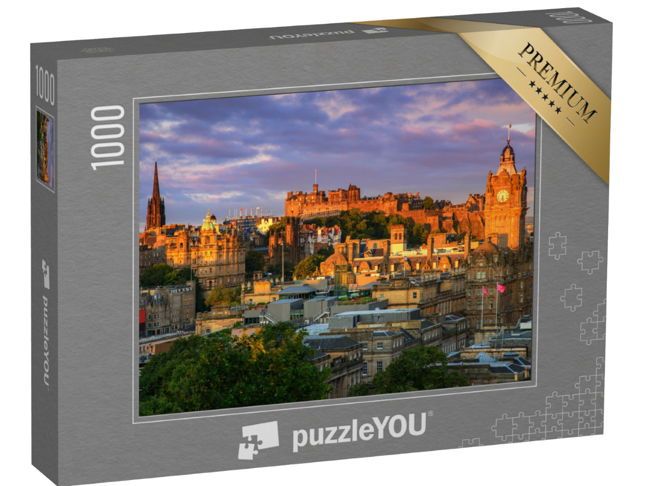 Puzzle 1000 Teile „Rotgoldener Sonnenuntergang über Edinburgh, Schottland.“