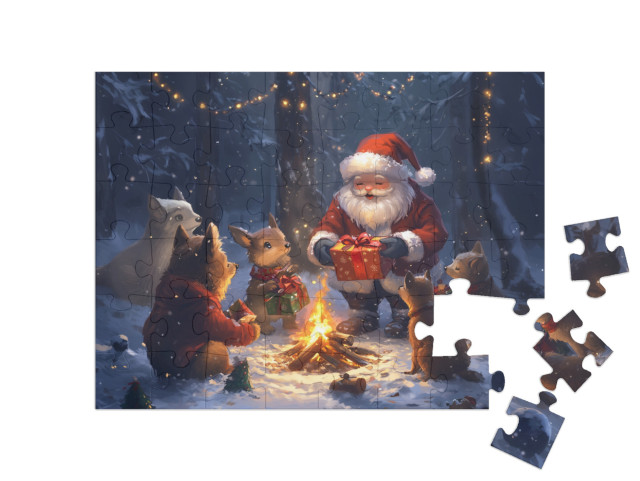 Puzzle 48 Teile „Waldweihnacht: Tier-Kinder bekommen Geschenke vom Weihnachtsmann“