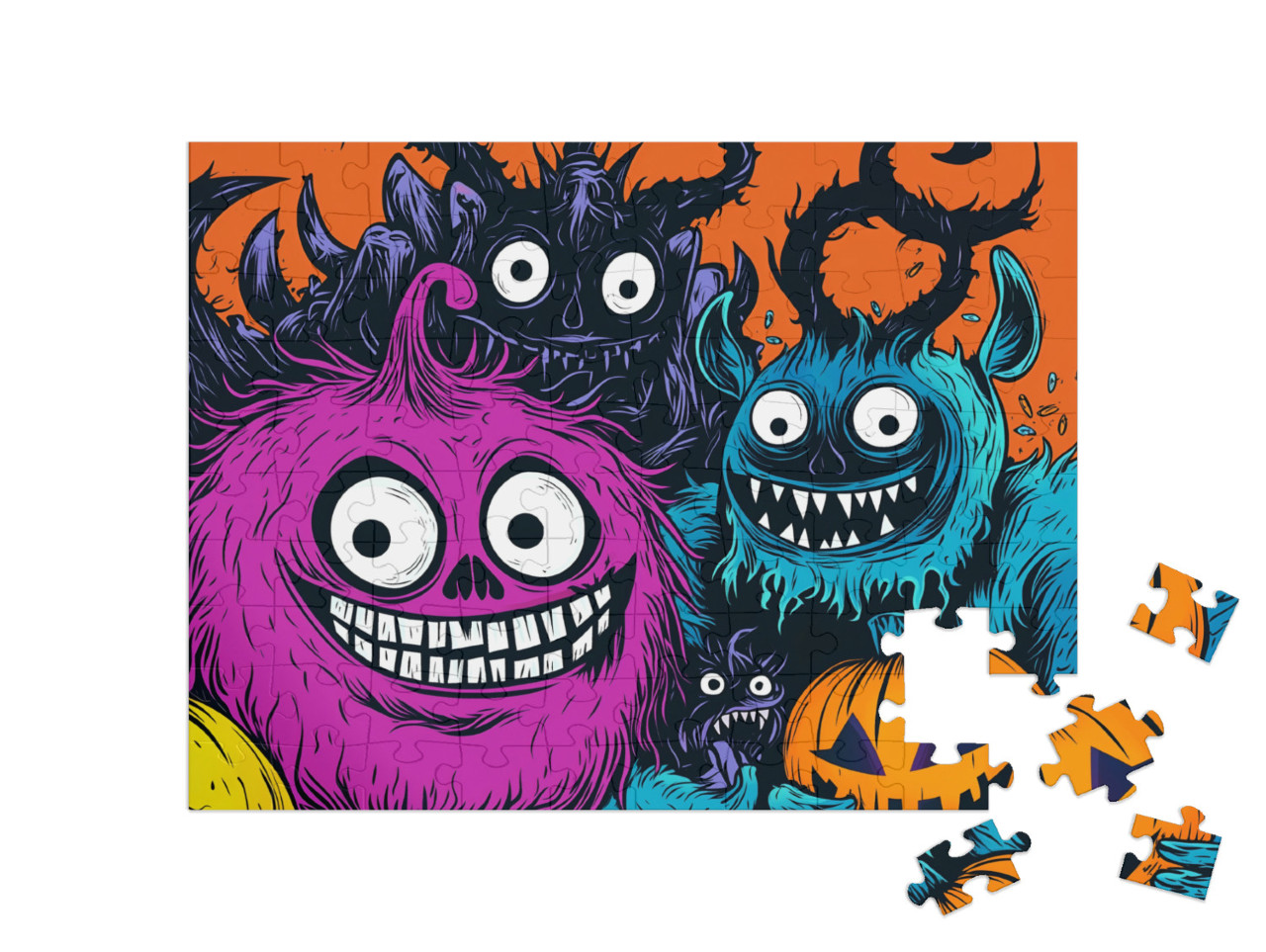 Puzzle 100 Teile „Süßes oder Saures? Die Halloween-Monster vor der Tür.“