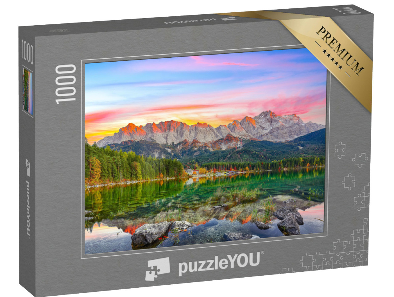 Puzzle 1000 Teile „Herbstlandschaft des Eibsees vor dem Zugspitzgipfel bei Sonnenuntergang“