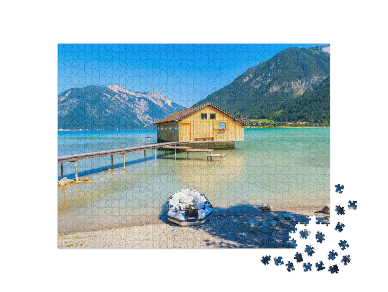 Puzzle 1000 Teile „Bootshaus am Ufer des Achensees, Österreich“