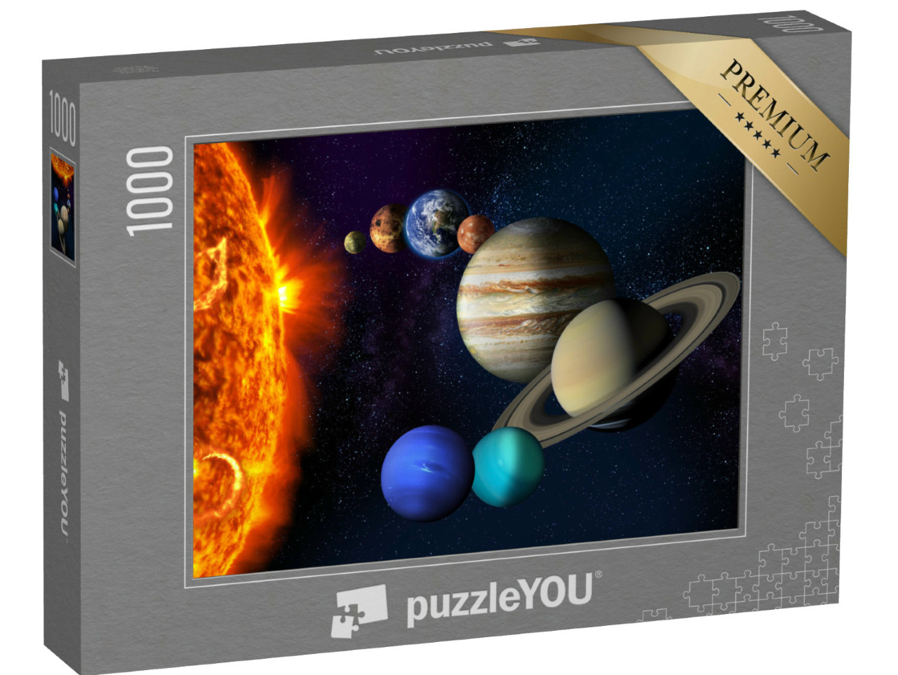 Puzzle 1000 Teile „Sonne und die Planeten unseres Sonnensystems vor einem sternenklaren Hintergrund“